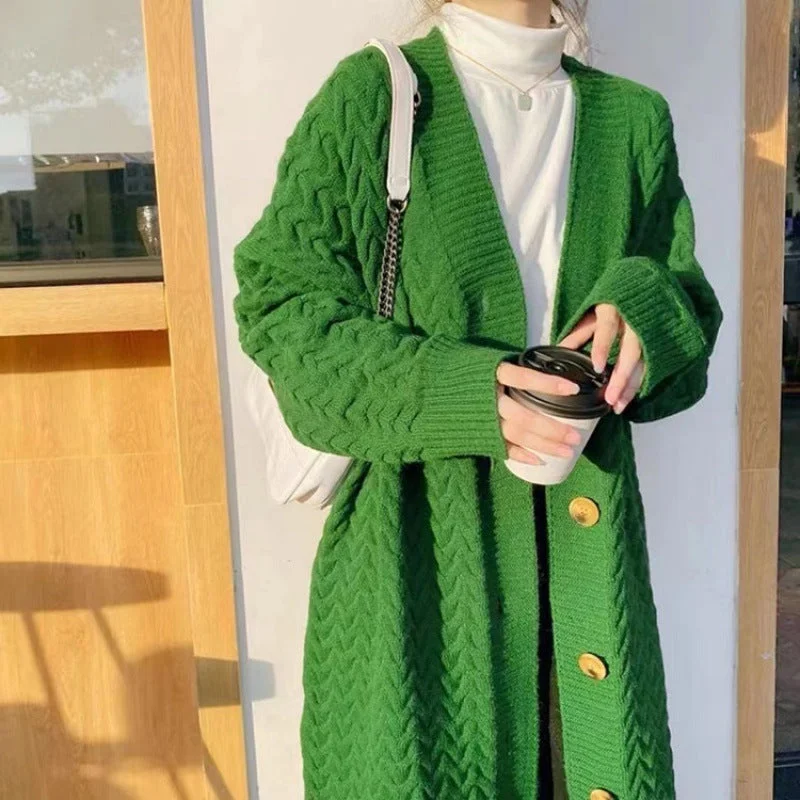Retro green autumn and winter thickened sweater jacket for women, lazy, loose, mid-length, over-the-knee twist knitted cardigan Elasticated Jacket Padded Jacket Insulated Jacket