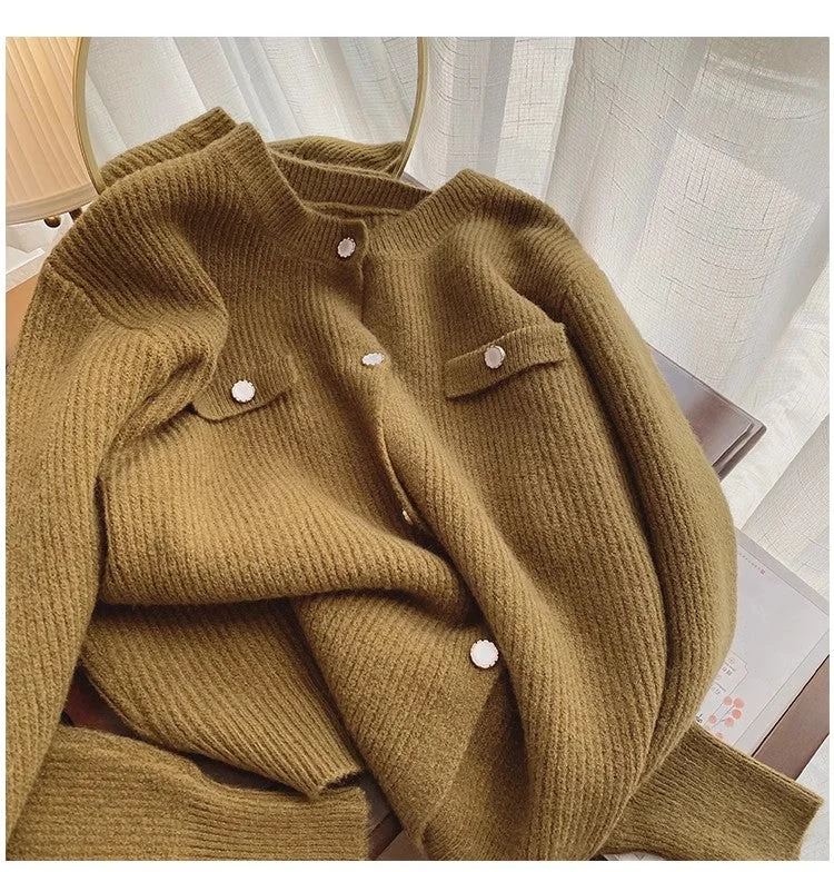 Round neck knitted cardigan for women design soft long-sleeved sweater jacket S4914 Welt Pockets Slit Pockets Flap Pockets Round neck knitted cardigan for women design soft long-sleeved sweater jacket S4914 Welt Pockets Slit Pockets Flap Pockets