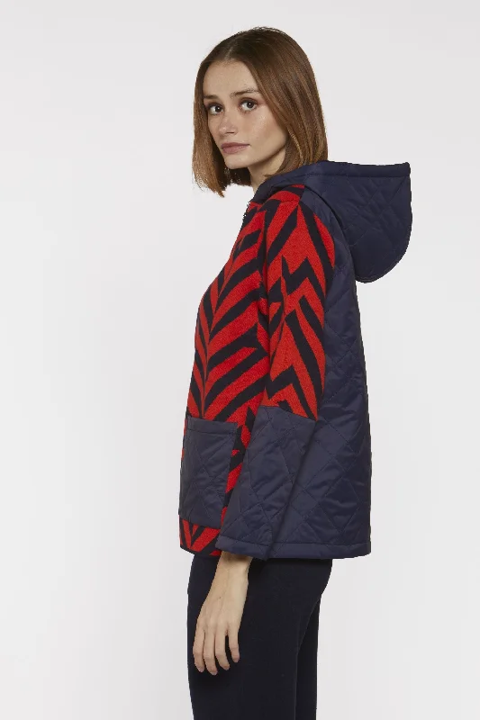 Navy and Orange Zig Zag Print Jacket with padded back and hood Wool Fabric Cashmere Fabric Tweed Fabric Navy and Orange Zig Zag Print Jacket with padded back and hood Wool Fabric Cashmere Fabric Tweed Fabric