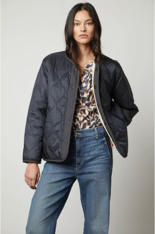 Velvet by Graham & Spencer Marissa 05 Quilted Sherpa Jacket | Navy Zippered Front Buttoned Front Snap Front Velvet by Graham & Spencer Marissa 05 Quilted Sherpa Jacket | Navy Zippered Front Buttoned Front Snap Front