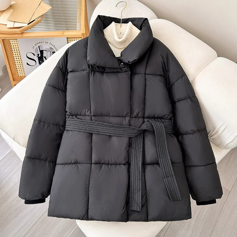 Winter Plaid Sewing Lapel Coat With Lace-up Design Fashion Loose Solid Thick Jacket Outerwear Women's Clothing Hoodie Zip-Up Jacket Button-Up Jacket