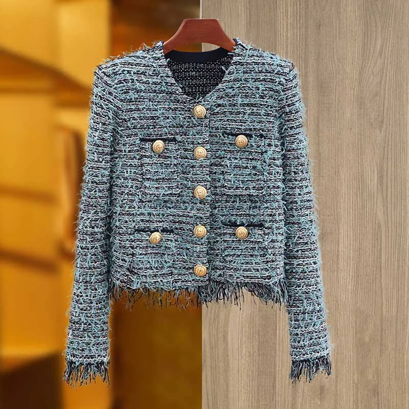 Women Tweed Blue Jacket With Fringe And Gold-tone Double-breasted Cardigan Jacket A-Line Jacket Boat Neck Shawl Collar Women Tweed Blue Jacket With Fringe And Gold-tone Double-breasted Cardigan Jacket A-Line Jacket Boat Neck Shawl Collar