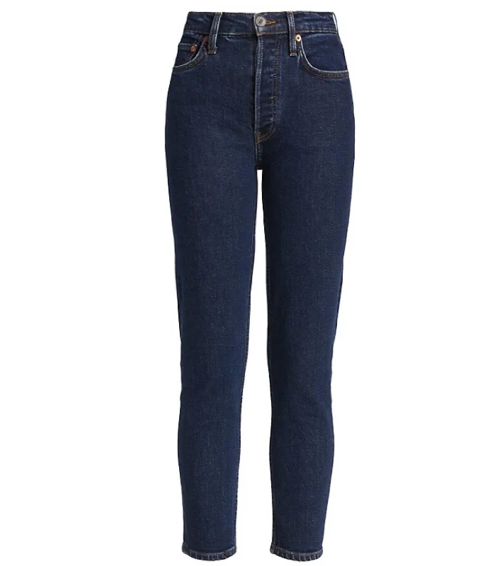 70S Stove Pipe Dark Rinse 5 Pocket Style Cropped Denim Jeans In Dark Blue Trendy Vintage Denim Jeans