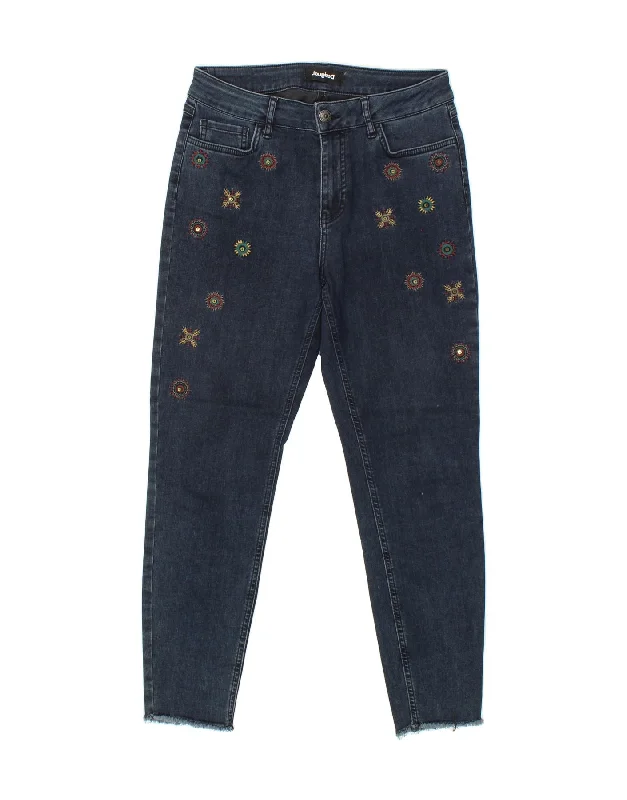 DESIGUAL Womens Skinny Jeans W30 L26 Navy Blue Floral Cotton Fashionable Raw Hem Bootcut Jeans