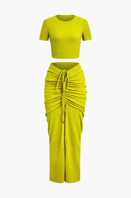 Textured Crop Top And Drawstring Ruched Skirt Set spandex blend skirt