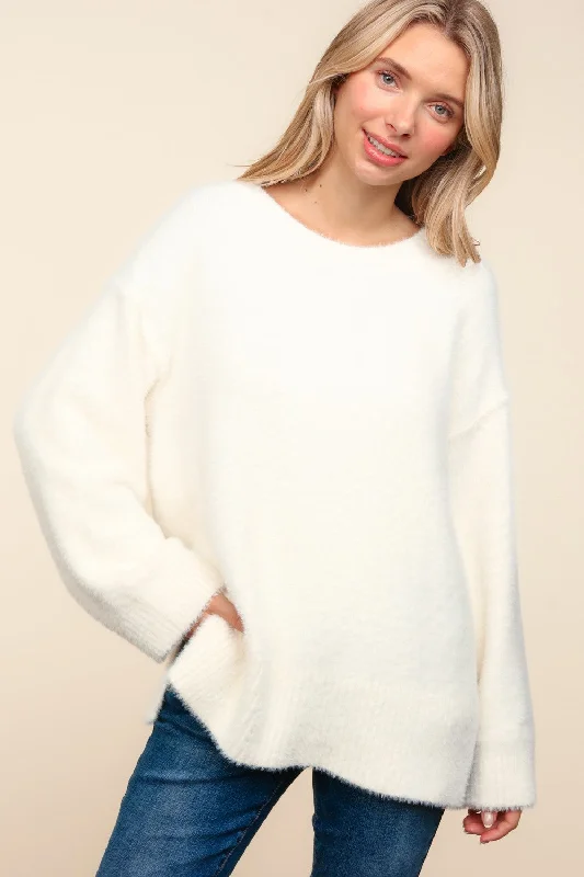 PLUS IVORY FUZZY SOFT BRUSHED HAIRY SWEATER KNIT TOP Houndstooth Herringbone Solid