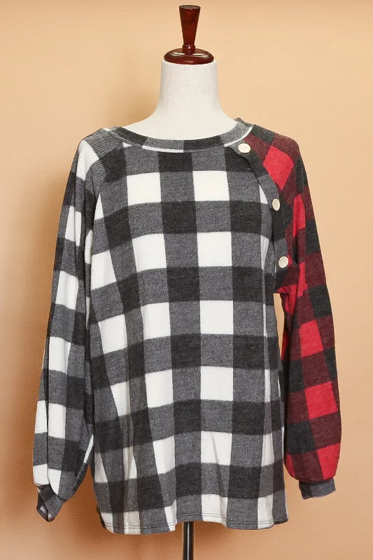 Plus Ivory & Red Plaid Button Sweater Fitted Slim Tailored