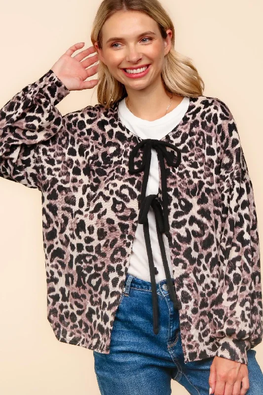 RIBBON TIE LEOPARD PRINT HACCI SWEATER KNIT Lightweight Heavyweight Midweight
